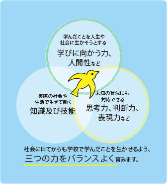 学んだことを人生や社会に生かそうとする学びに向かう力、人間性など 未知の状況にも対応できる思考力、判断力、表現力など 社会に出てからも学校で学んだことを生かせるよう、三つの力をバランスよく育みます。