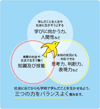 実際の社会や生活で生きて働く知識及び技能 社会に出てからも学校で学んだことを生かせるよう、三つの力をバランスよく育みます。